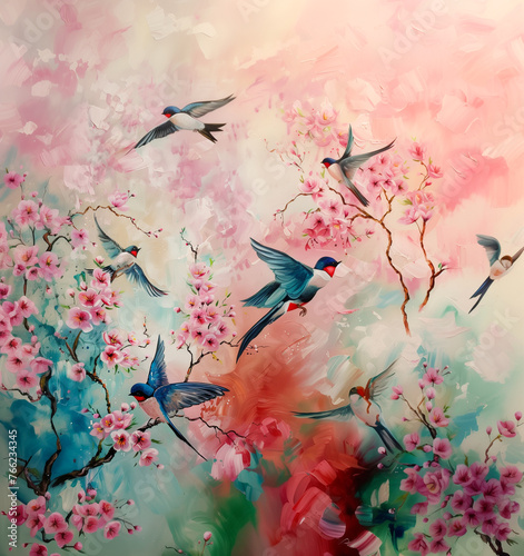 A beautiful painting of birds flying around a cherry blossom tree in pink hues. The intricate pattern of petals, twigs, and birds is a masterpiece of creative arts