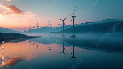 Dawn's early light paints serene windmills by a tranquil lake
