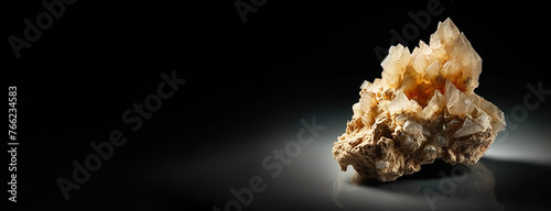 Barite is a rare precious natural stone on a black background. AI generated. Header banner mockup with space.