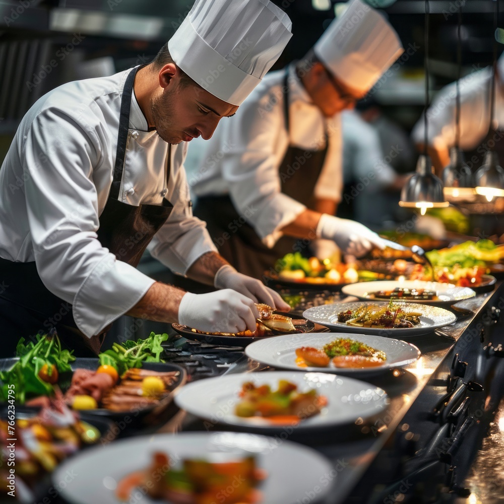 Showcase the artistry of culinary professionals with images of chefs preparing gourmet dishes, plating exquisite meals, and showcasing their culinary skills in a professional kitchen. 