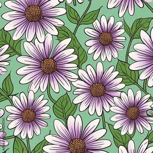 Daisy pattern  hand draw  simple line  green and purple