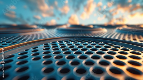 Close-up on metallic loudspeaker array with cloud backdrop photo