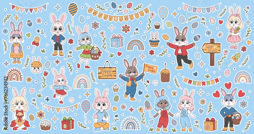 Wallpaper Mural Easter sticker set with cute cartoon flat bunnies and painted eggs, rainbow, cakes, flowers, signs, flags. Festive design. Vector illustration isolated on blue background. Torontodigital.ca