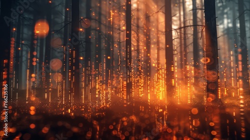 Flaming woods overlaid with transparent statistical graphs