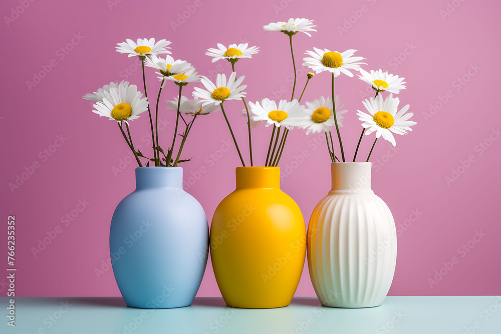 Colorful Vases With Daisies on a Minimal Background Colorful Vases With Daisies on a Minimal Background