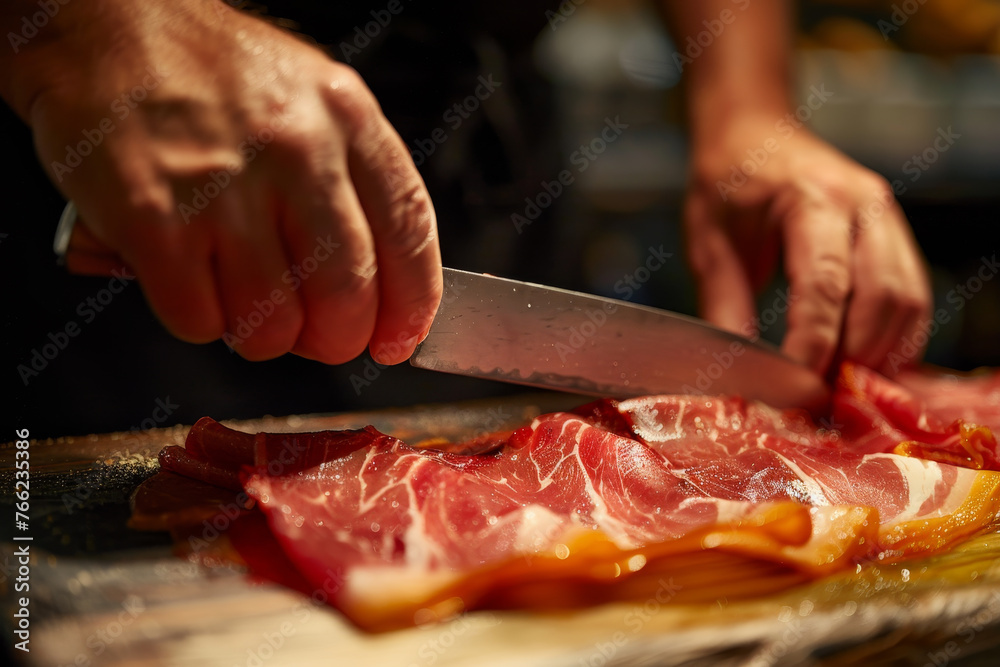 A detailed image of a person carefully slicing from a whole leg, the warm light emphasizing the skill and care involved in the process