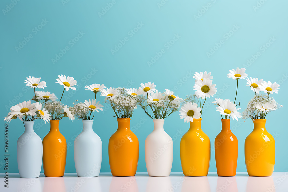 Colorful Vases With Daisies on a Minimal Background Colorful Vases With Daisies on a Minimal Background