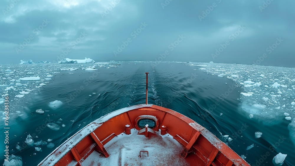 Wide-angle scene of a calm arctic ocean spotted with ice from a vessel's prow