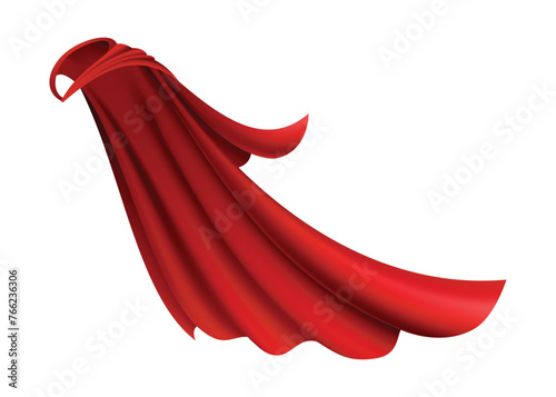 Superhero red cape in side view. Scarlet fabric silk cloak. Mantle costume or cover cartoon vector illustration