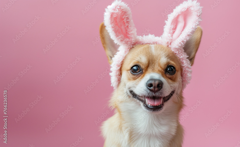 Bunny Eared Pup: Adorable Dog on Pink Background Bunny Eared Pup: Adorable Dog on Pink Background