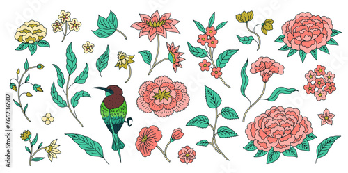 Set of floral chinoiserie style flowers isolated on white background. Abstract hand drawn botanical clip art elements bundle.