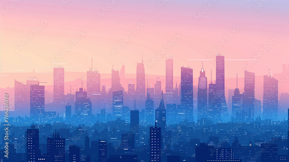 Futuristic cityscape at dusk, clean vector lines,