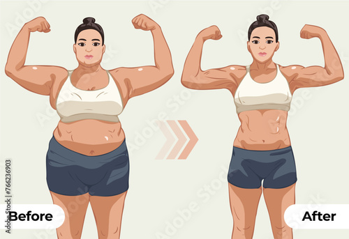 Women's body changes before and after fitness show vector illustrations