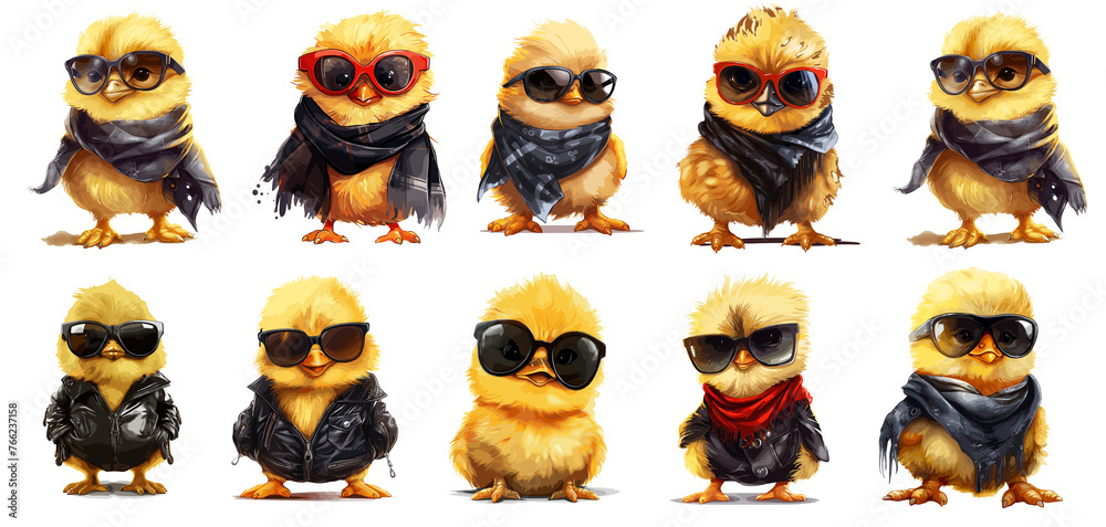 set of funny chicken with sunglass on transparent background, png, generated ai set of funny chicken with sunglass on transparent background, png, generated ai