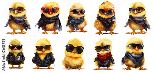 set of funny chicken with sunglass on transparent background, png, generated ai © weissdesign