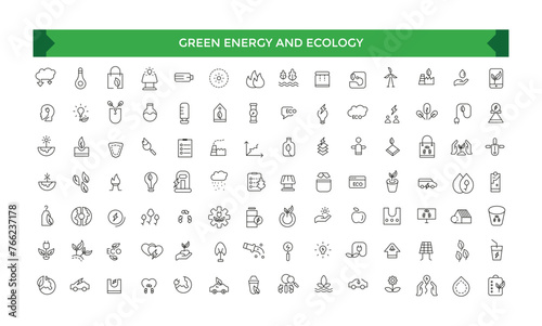 Green energy and ecology icon. Ecology icons set. Recycle, eco, solar power, wind power, nature, electric car icons and more signs.