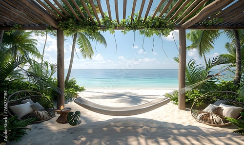 Fototapeta Naklejka Na Ścianę i Meble -  Hammock in a bungalow on a beautiful beach