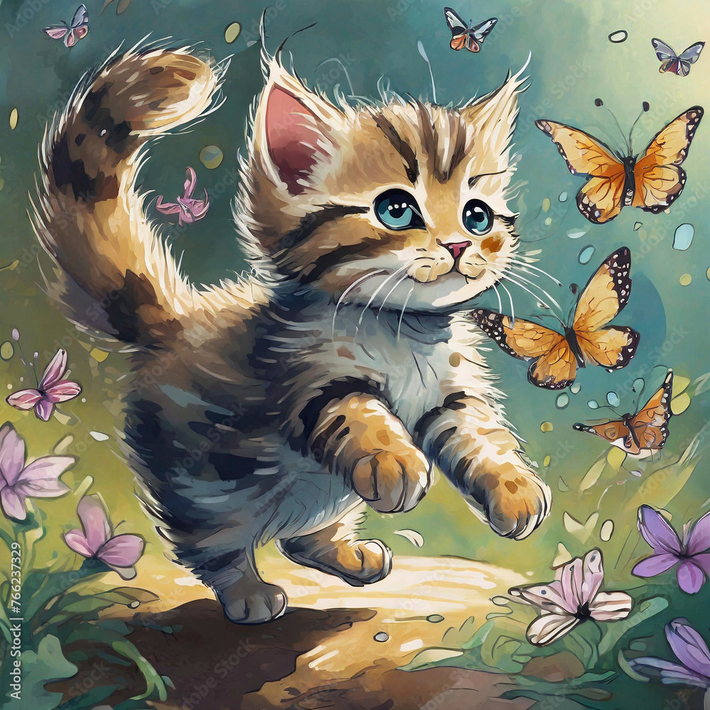 Fototapeta premium 나비를 쫒는 아기고양이