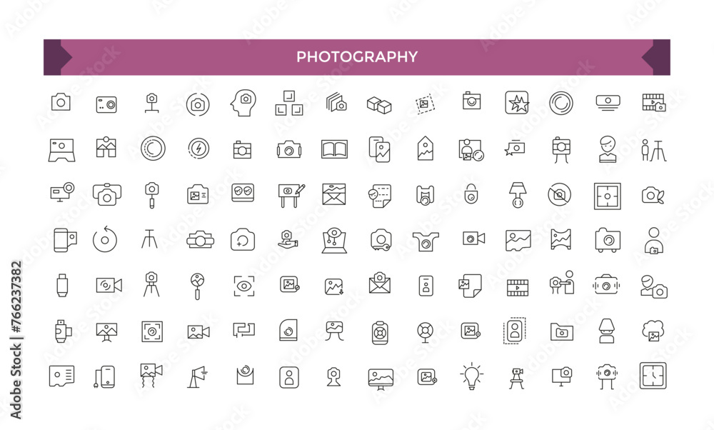 Photography icon set. studio light, film cameras and camera on tripod line. Photo lens technology, different digital and vintage. Photography icon set. studio light, film cameras and camera on tripod line. Photo lens technology, different digital and vintage.