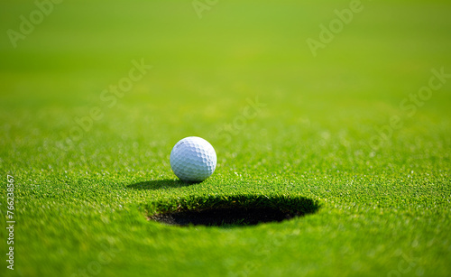 Close-up of golf ball near hole on vibrant green course