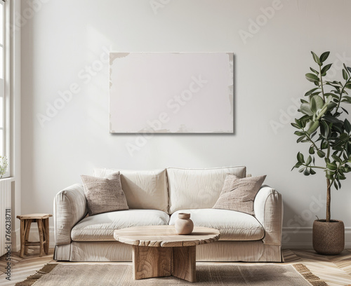 white canvas measuring 50 by 40 centimeters, hanging horizontally on the wall, beautiful interior