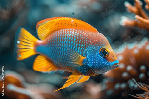 Close-up of a beautiful colored fish underwater, selective focus
