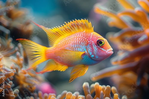 Fish on a background of corals and a reef underwater, selective focus