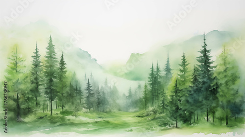 Watercolor painting of a completely green forest.