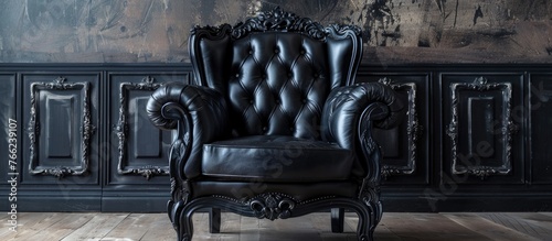 An automotive tire is placed on a hardwood chair in a dimly lit room, surrounded by building materials and machine parts