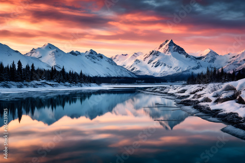 Golden Dusk Over Alaskan Wilderness: Majestic Mountains Reflecting on Serene Lake