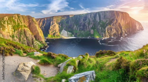 Slieve League, Irelands highest sea cliffs, located in south west Donegal along this magnificent costal driving route. Wild Atlantic Way route, Co Donegal, Ireland.