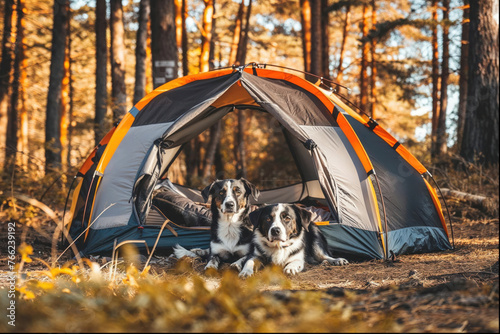 Two dogs rest by an open camping tent amidst autumnal forest, showcasing the bond between animals and outdoor adventure