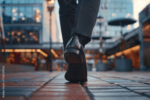 Legs of a businessman in black patent shoes walking into the distance in the city, view of the legs, selective focus 