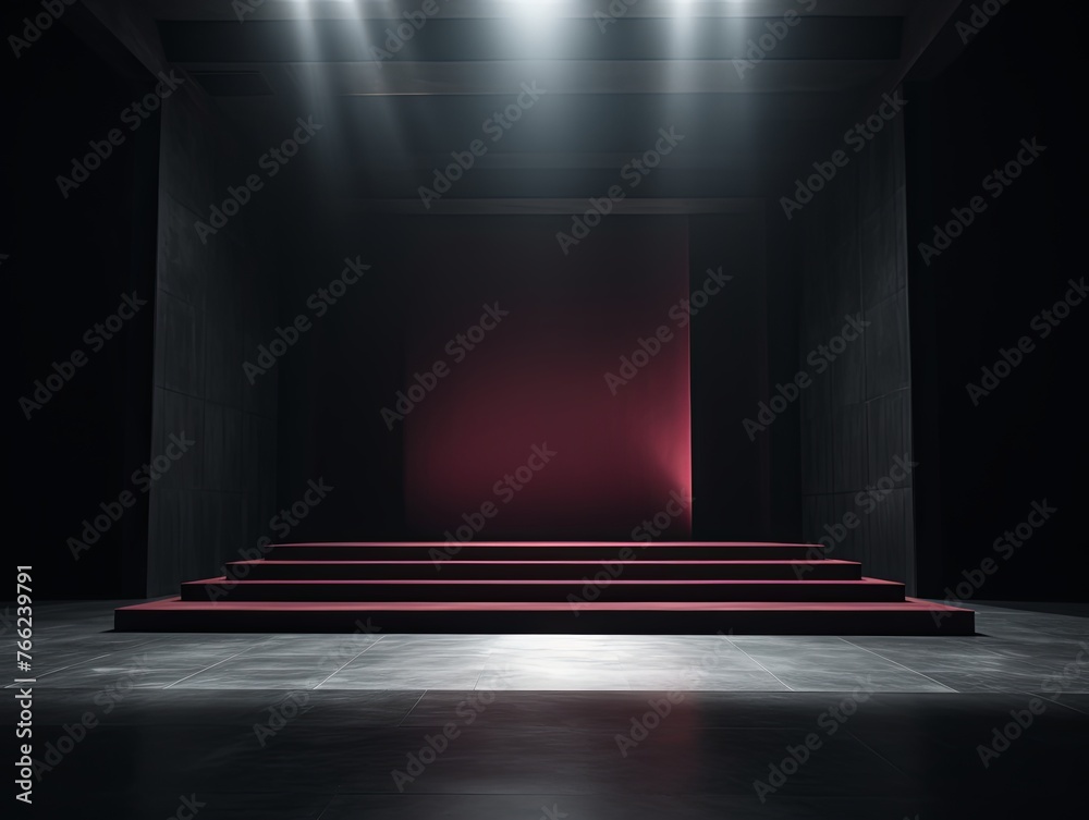 Dark burgundy background, minimalist stage design style