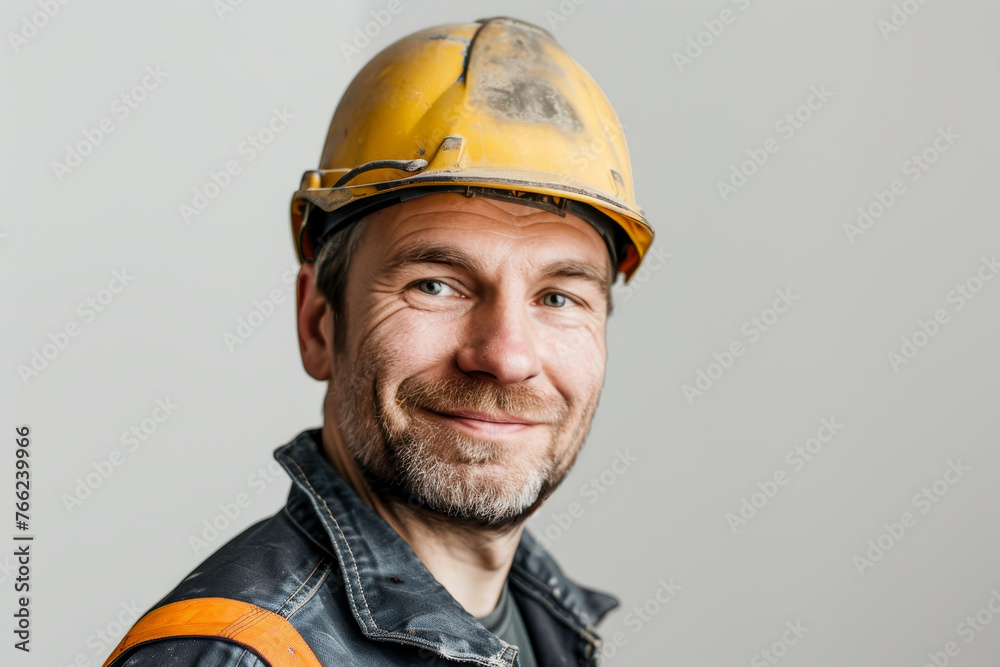 A close-up image of a man in work clothes and a yellow helmet A close-up image of a man in work clothes and a yellow helmet