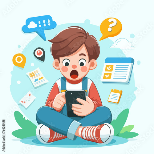 Vector Illustration of Boy Shocked Wathcing his Smartphone photo