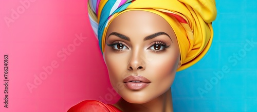 A woman wearing a colorful turban on her head and a bright red shirt