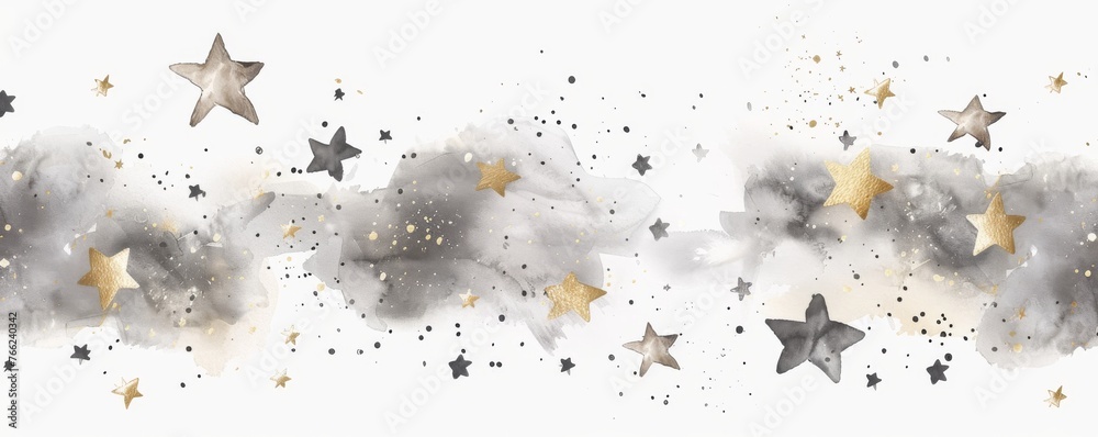 Background with watercolor paint splashes in gray color and golden stars.