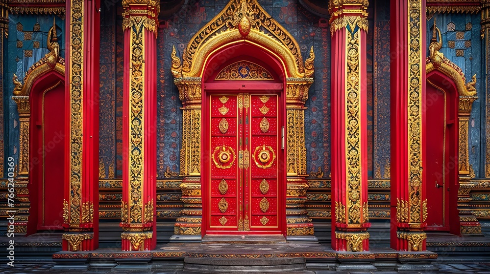 Fototapeta premium Golden details pop against the crimson doors framing a traditional temple