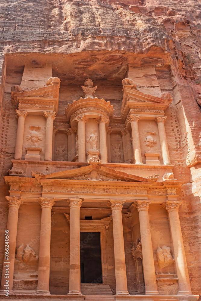 Front view of the Treasury, one of the most elaborate temples in Petra archaeological site in Jordan. Vertical.