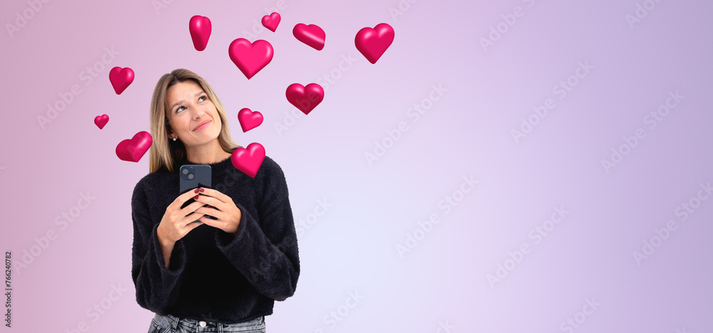 Cheerful woman with phone and social media Cheerful woman with phone and social media