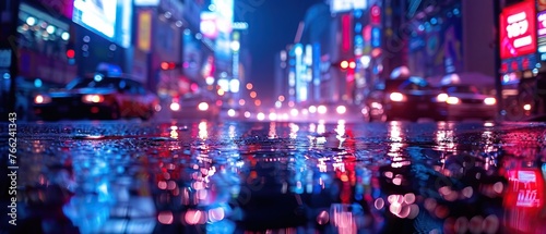 Close-up on the vibrant energy of a city at night, with neon lights reflecting on wet streets © DJSPIDA FOTO