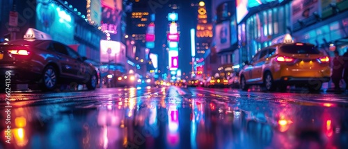 Close-up on the vibrant energy of a city at night, with neon lights reflecting on wet streets