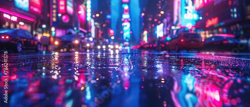 Close-up on the vibrant energy of a city at night  with neon lights reflecting on wet streets