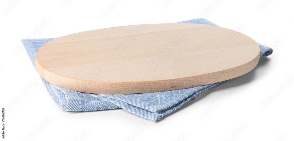 Wooden cutting board and kitchen towel on white background