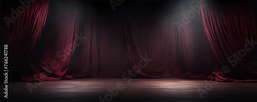 Dark maroon background, minimalist stage design style