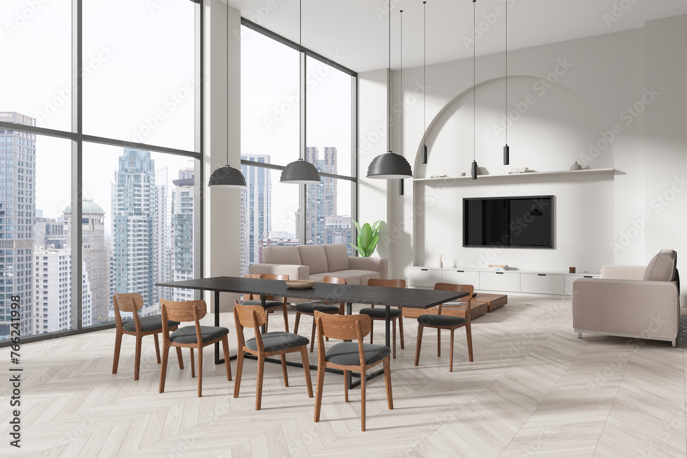 Stylish home living room interior with dinner table, tv and sofa near window Stylish home living room interior with dinner table, tv and sofa near window
