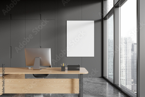 Modern ceo interior desk with pc table and shelf with window. Mockup frame