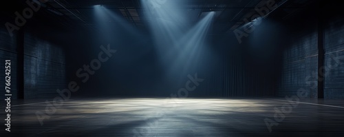 Dark navy blue background, minimalist stage design style
