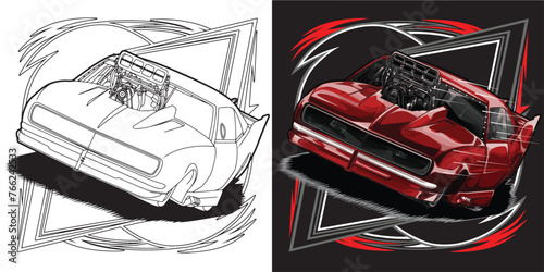 Outline and painted racing car. Isolated in black background, for t-shirt design, print and for business purposes.